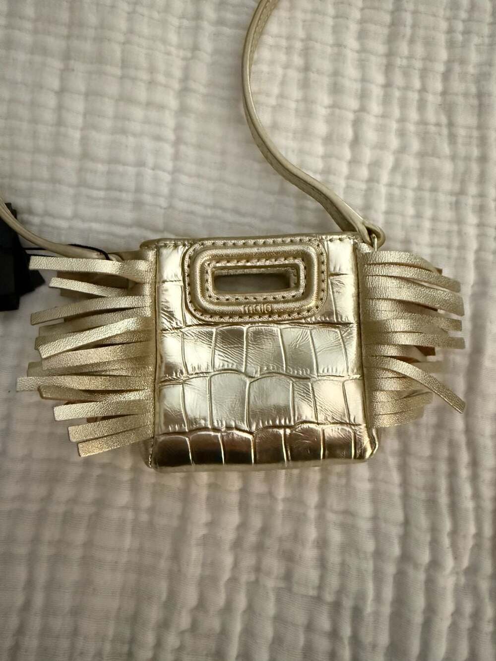 Maje Gold Metallic Croc Embossed Mini Crossbody Fringe Bag NWT $125